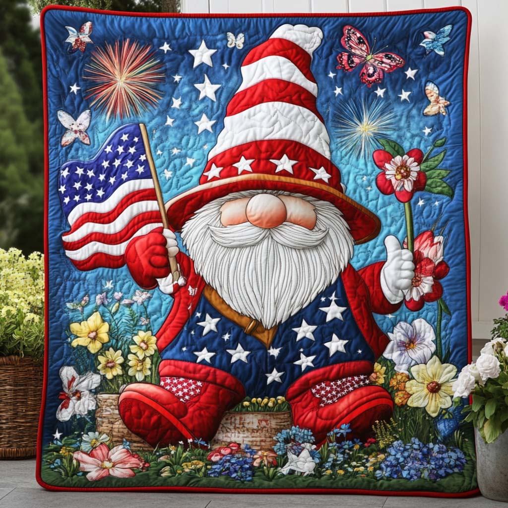 Patriotic Garden Gnome Quilted Blanket Bed Christmas Decor Duck Gifts For Duck Lovers