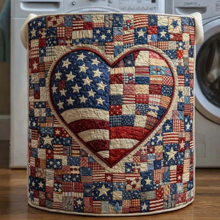 Patriotic Heart Stars Quilted Laundry Basket American Pride Home Decor Best Gift For True Patriots