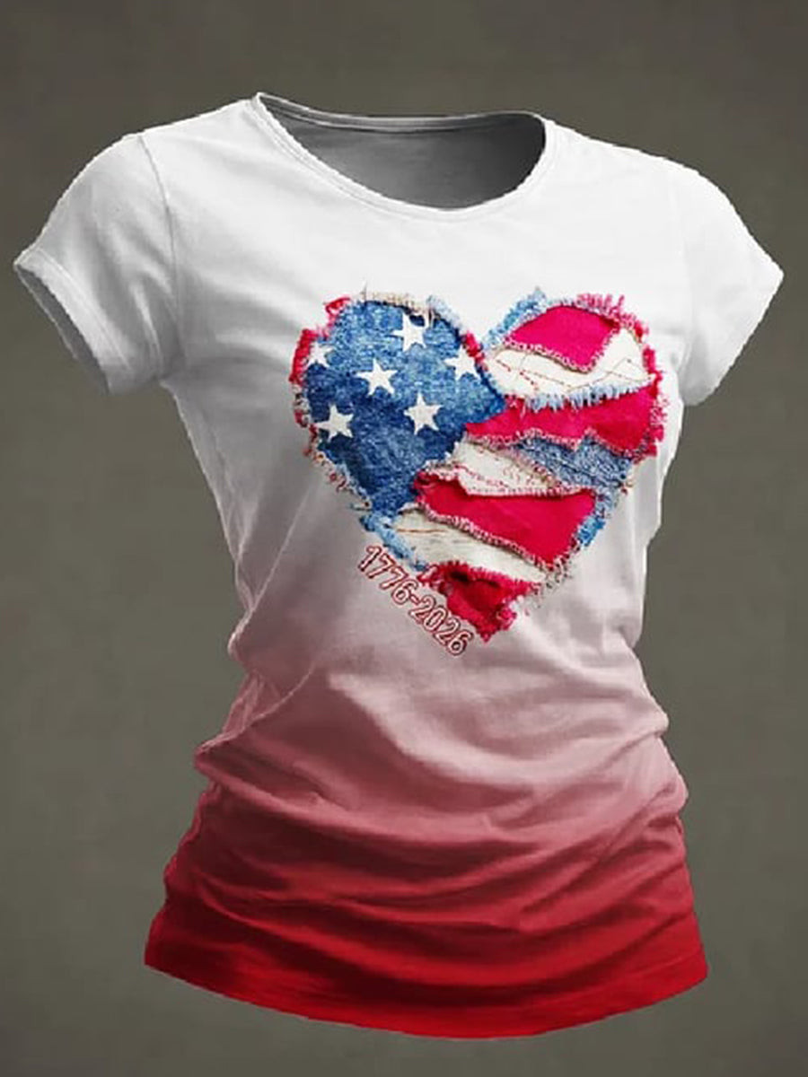 Patriotic Heart USA Flag Ombre Women T-Shirt Independence Day Tee Gift For Her