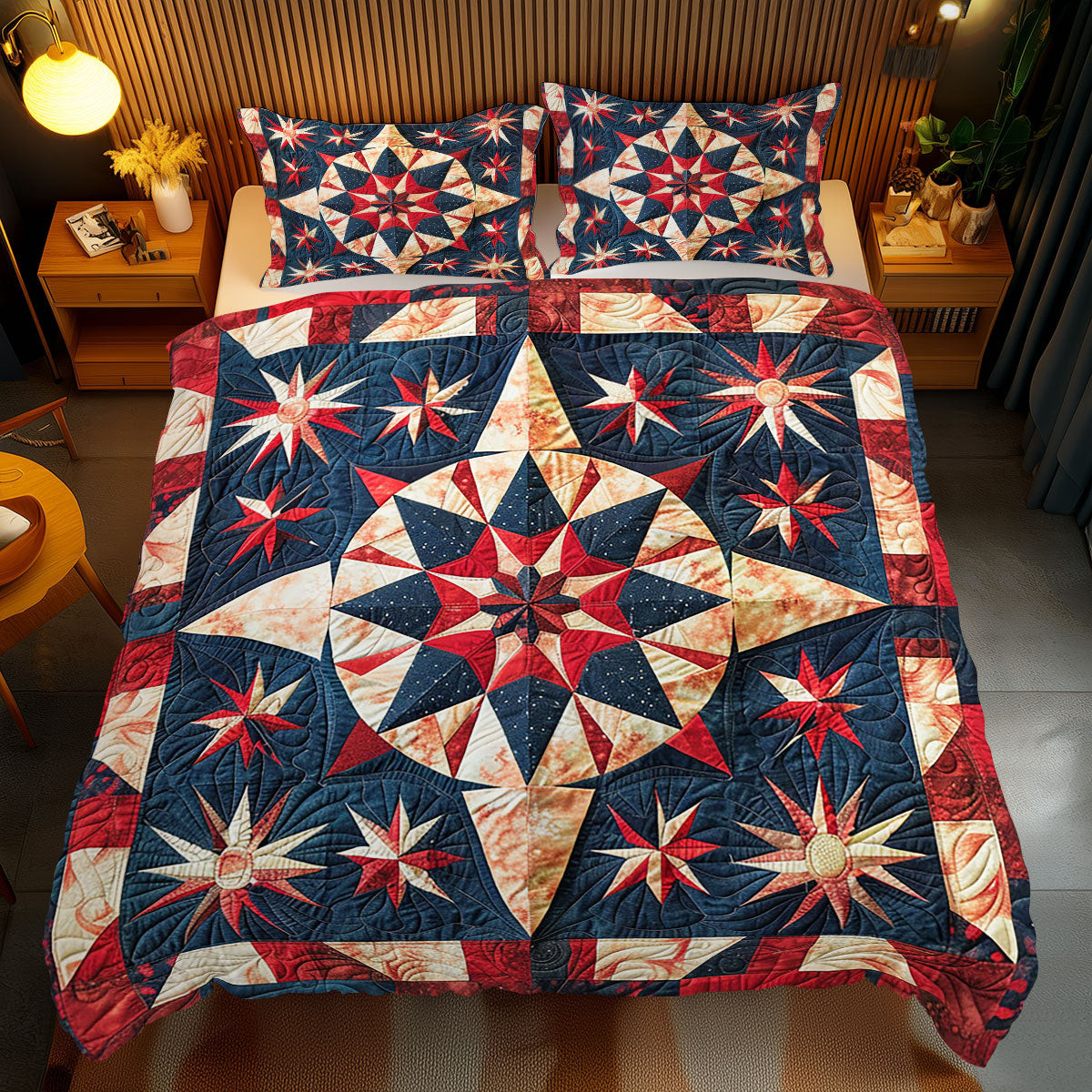 Patriotic Independence Star Holiday Xmas Quilted Bedding Set Romantic Christmas Gifts For Newlyweds