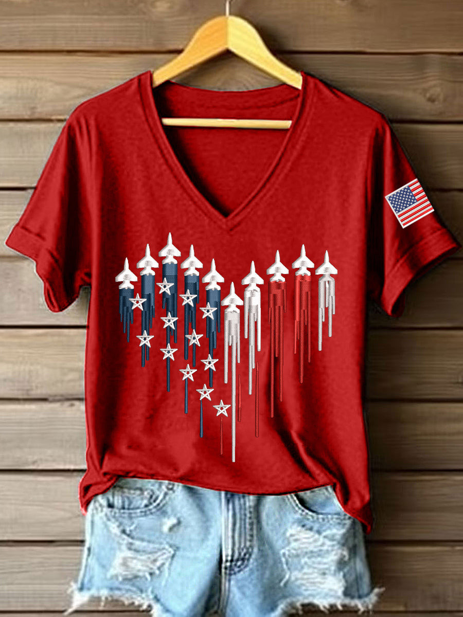 Patriotic Jet Heart USA V Neck T-Shirt American Flag Independence Day Clothes Gift For Her