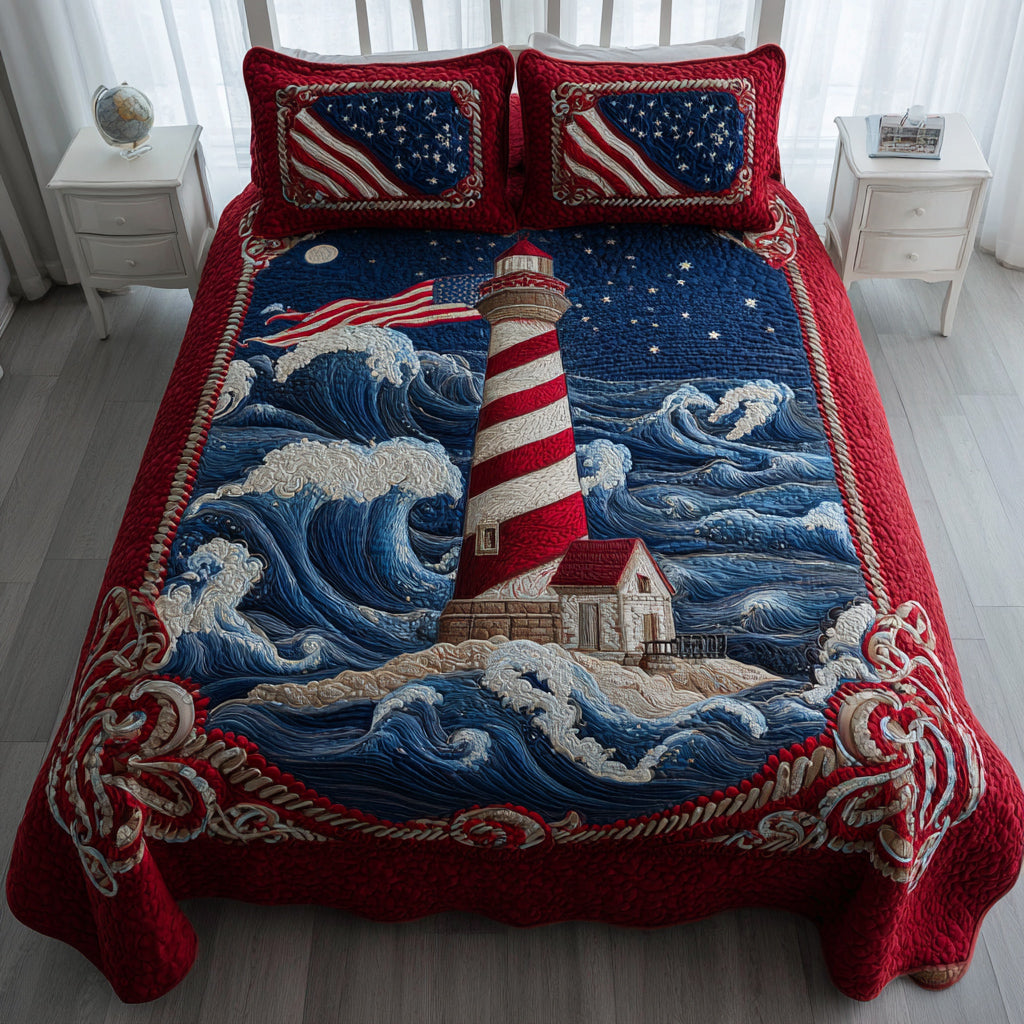 Patriotic Lighthouse Watch Quilted Bedding Set Comfortable Microfiber Bedding Set for Everyday Use