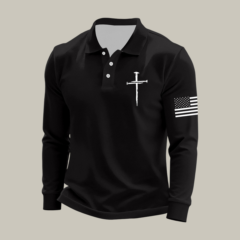 Patriotic National Flag Faith Polo Long Sleeve Shirt 4th Of July Outfit Ideas Husband Gift Ideas