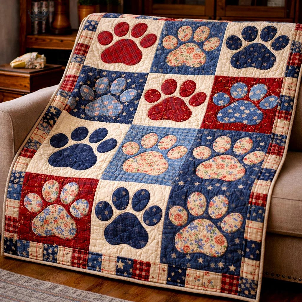 Patriotic Paw Print Quilted Blanket American Stars Dog Lover Gear Best Gift For Pet Owner