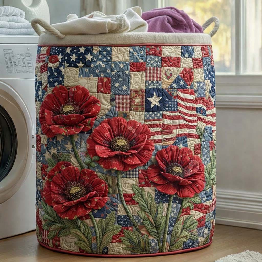 Patriotic Poppy Stars Quilted Laundry Basket American Pride Home Decor Best Gift For Patriot Fans