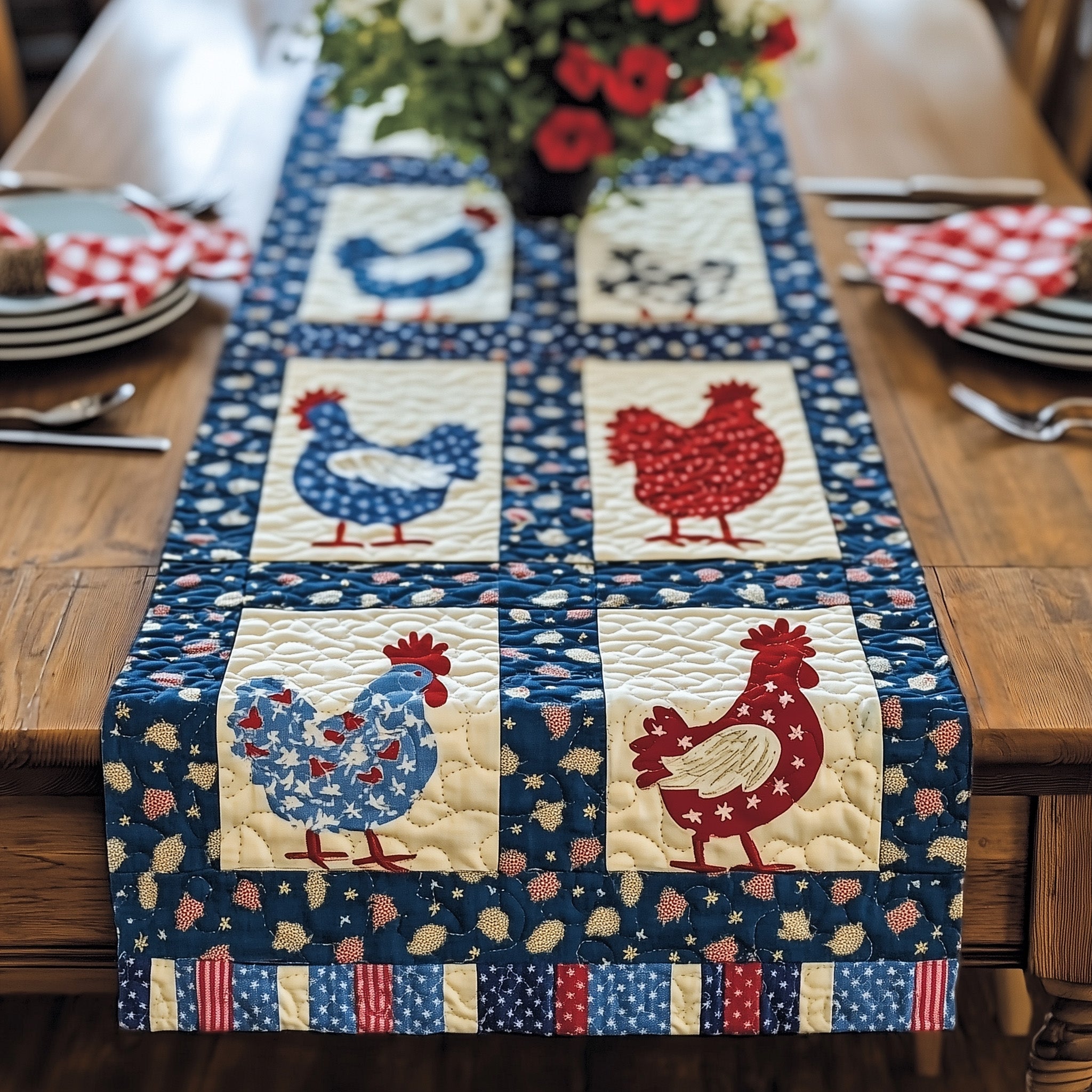 Patriotic Poultry Parade Quilted Table Runner Holiday Season Table Runner