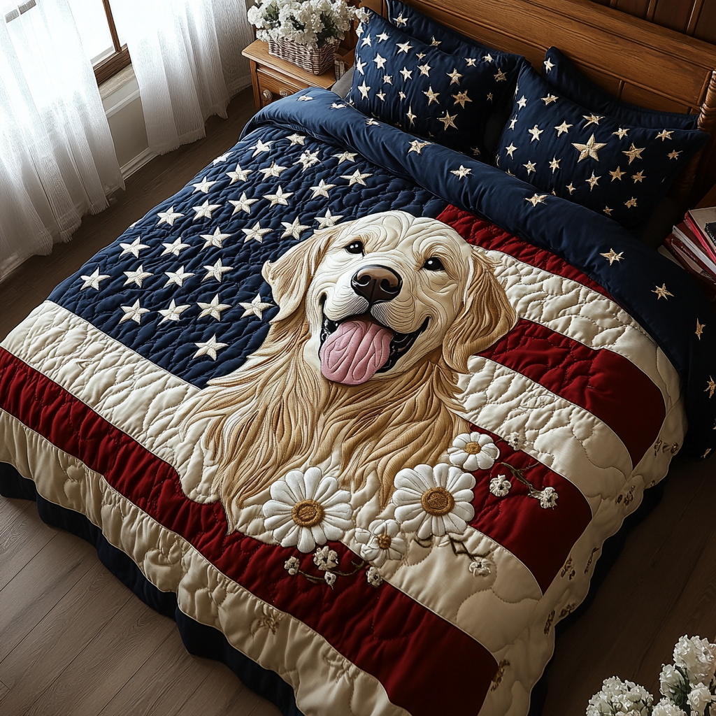 Patriotic Retriever Quilted Bedding Set Best Bedspread Set Golden Retriever Christmas Gifts