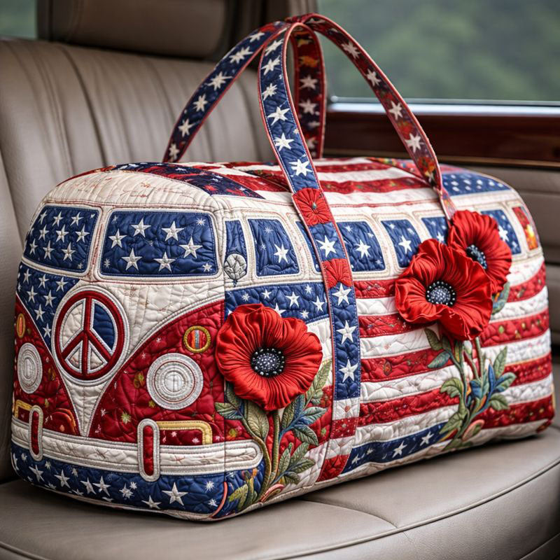 Patriotic Ride American Flag Van Quilted Duffle Bag Poppy USA Travel Bag Best Gift For Patriots