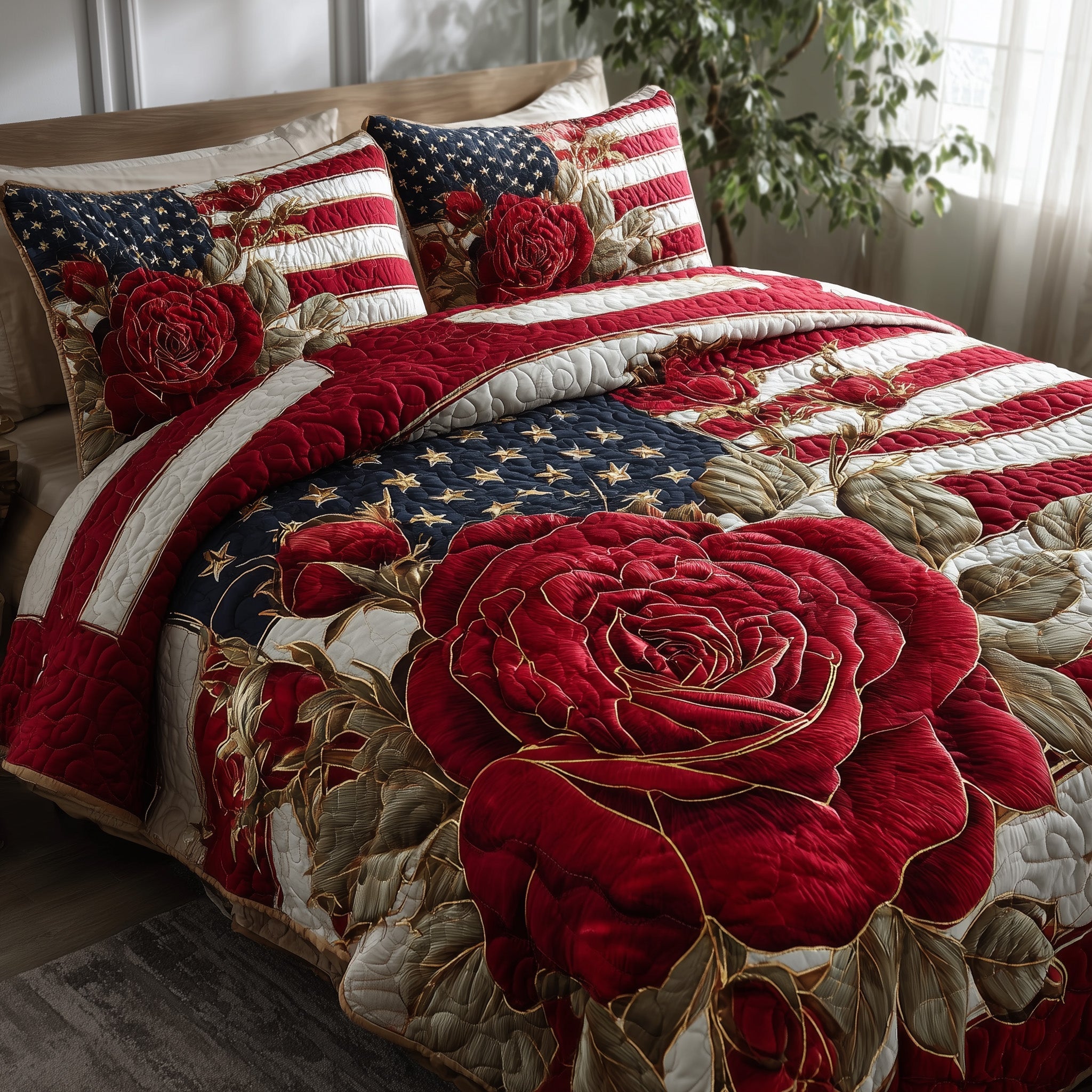 Patriotic Rose Quilted Bedding Set Classic Style