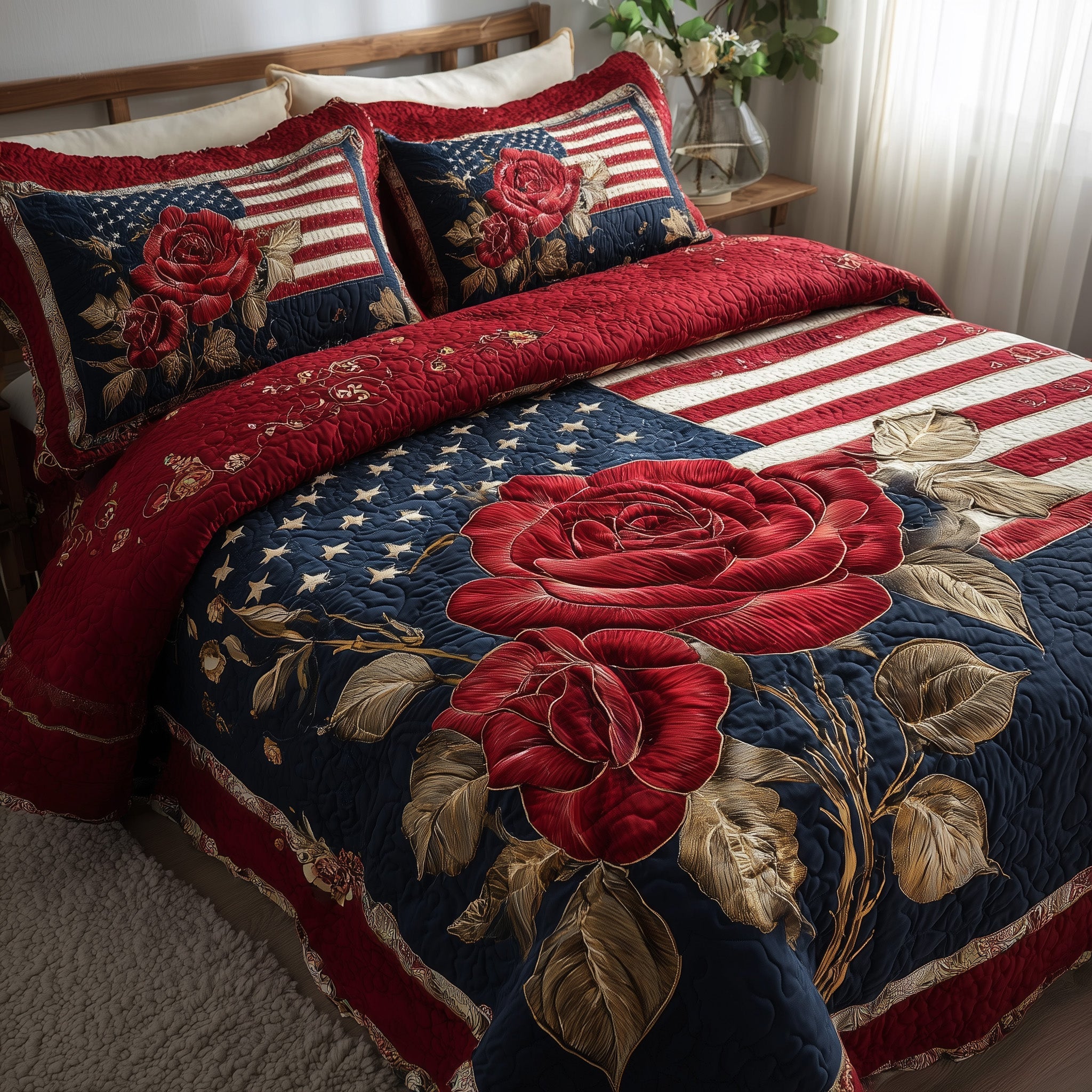 Patriotic Rose Quilted Bedding Set Floral Print