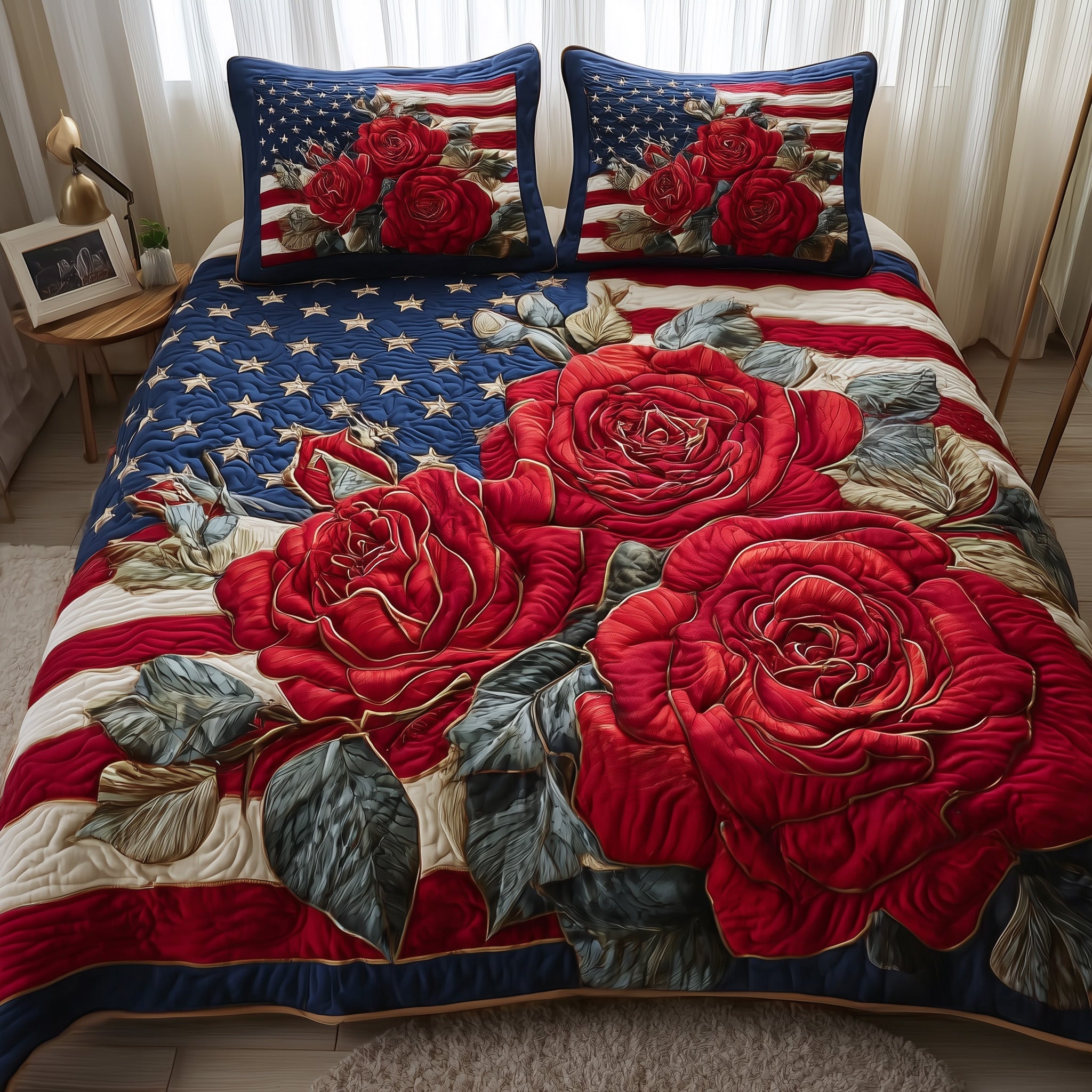 Patriotic Rose Quilted Bedding Set Modern Design
