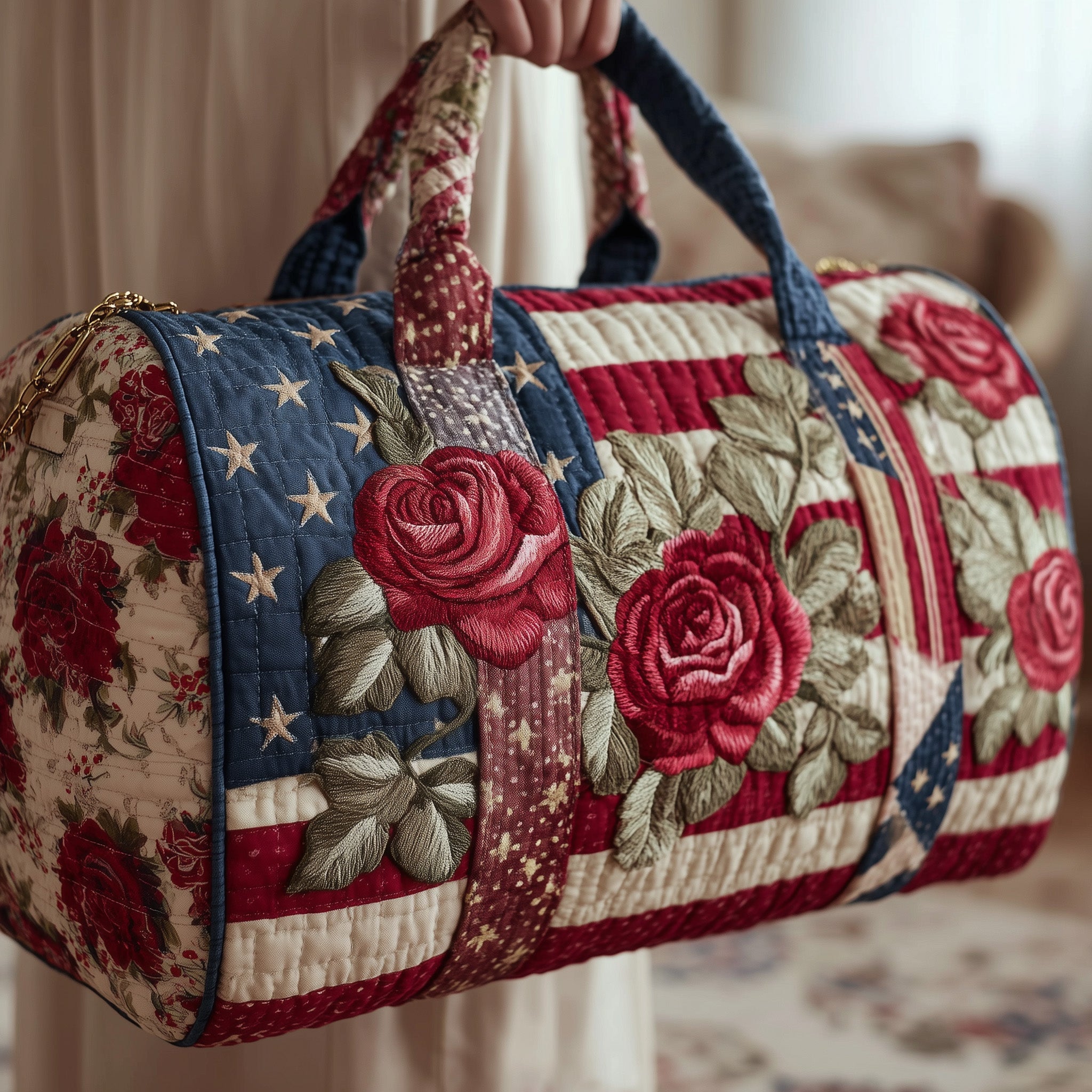 Patriotic Rose Quilted Duffle Bag Valentine's Day Gift Idea