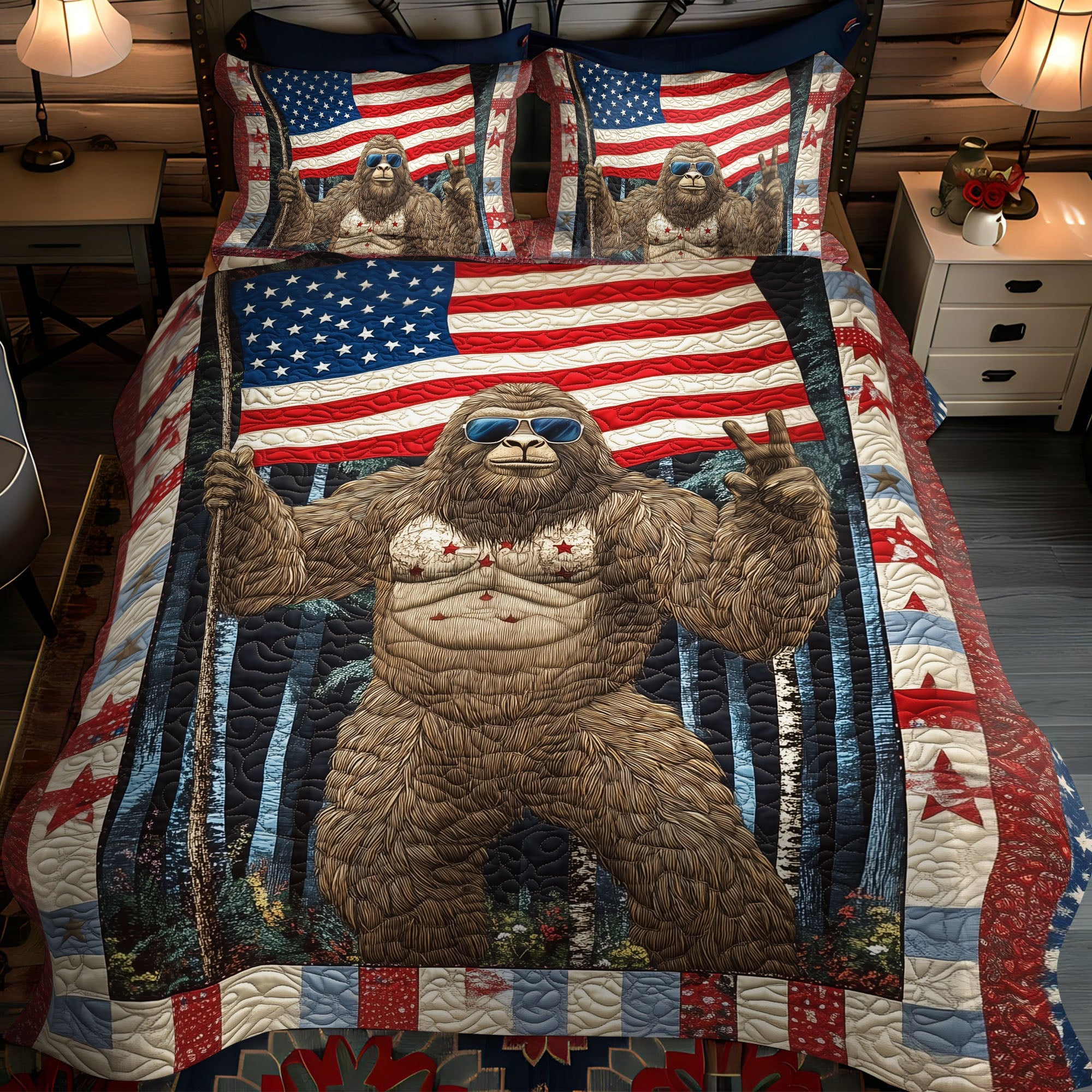 Patriotic Sasquatch Quilted Bedding Set Aesthetic Room Decor Big Foot Gift Ideas