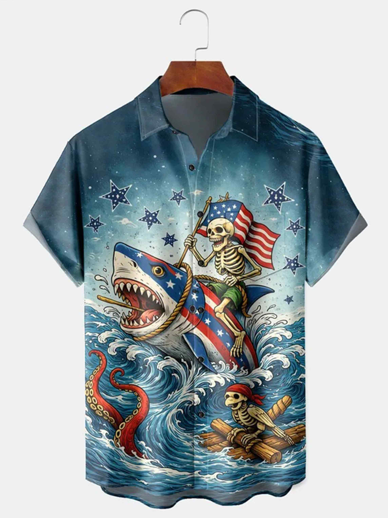 Patriotic Skeleton Riding Shark Button Shirt 4Th Of July Apparel Gifts For Independence Day
