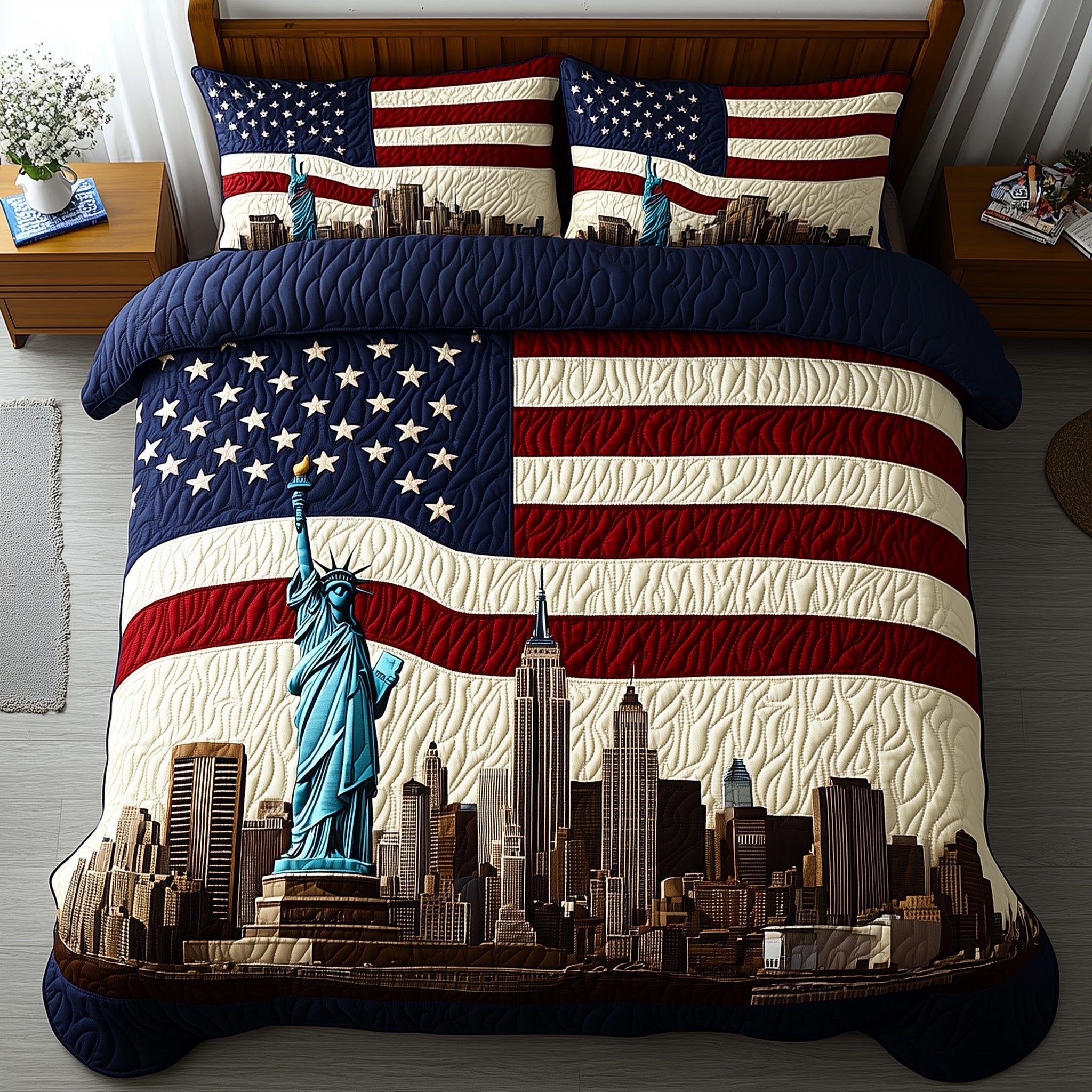 Patriotic Skyline Quilted Bedding Set Duvet Cover Merchandise 4Th Of July Birthday Gift Ideas