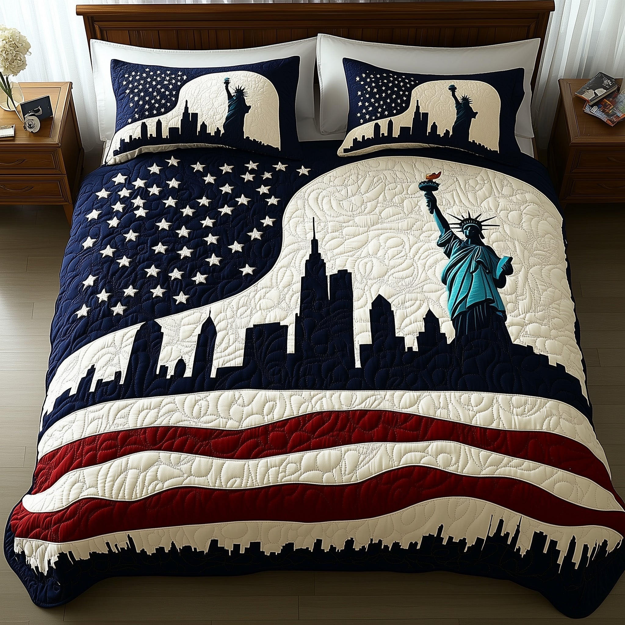 Patriotic Skyline Quilted Bedding Set Duvet Cover Merchandise 4Th Of July Client Gifts