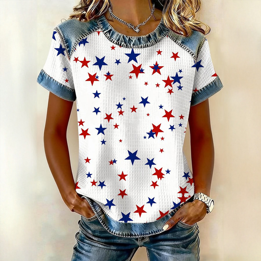 Patriotic Stars Design T-Shirt America's Birthday Clothing Present For Girlfriend