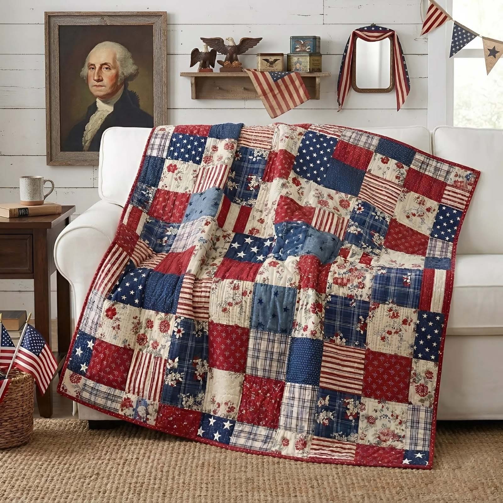 Patriotic Stars Stripes Quilted Blanket American Flag Patchwork Cozy Throw Best Gift For USA Patriots