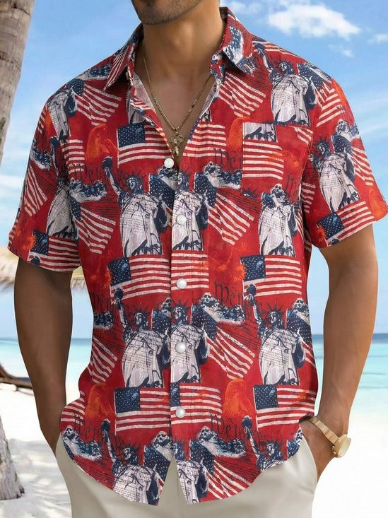 Patriotic Statue of Liberty Hawaiian Button Shirt Independence Day Beach Clothing Gift Ideas