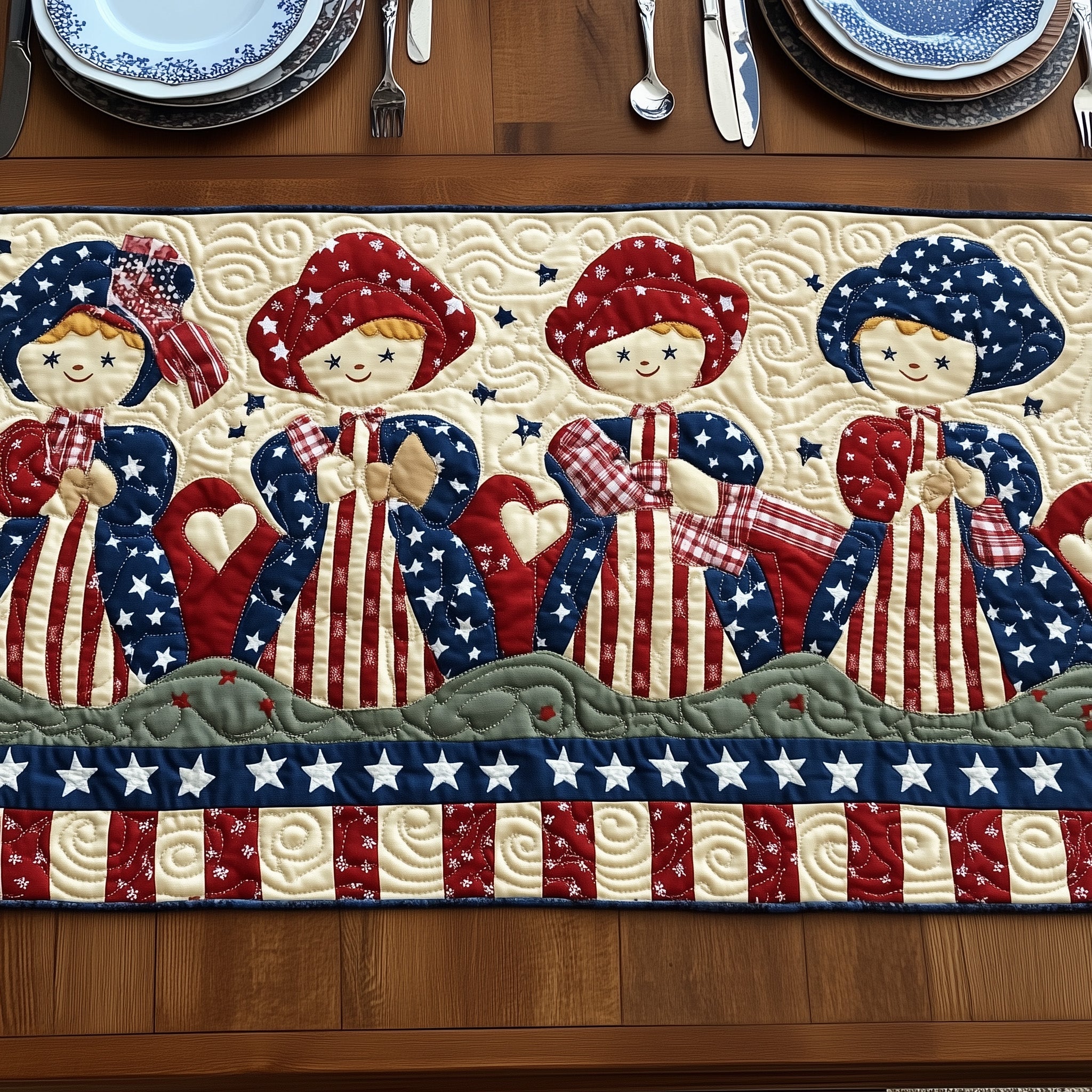 Patriotic Sunbonnet Sue Quilted Table Runner Christmas Table Runner for Family Meals