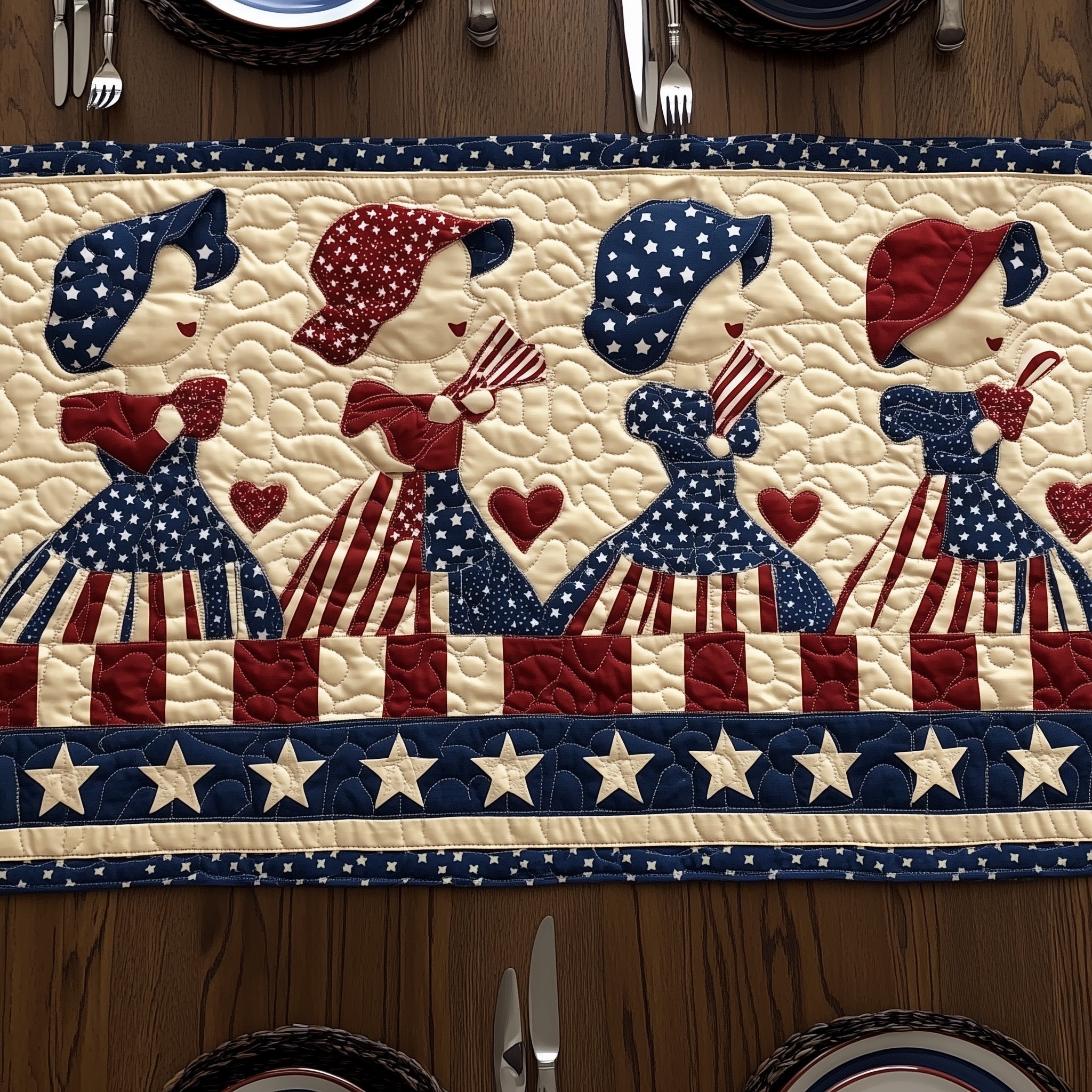 Patriotic Sunbonnet Sue Quilted Table Runner Winter Holiday Table Runner Decor