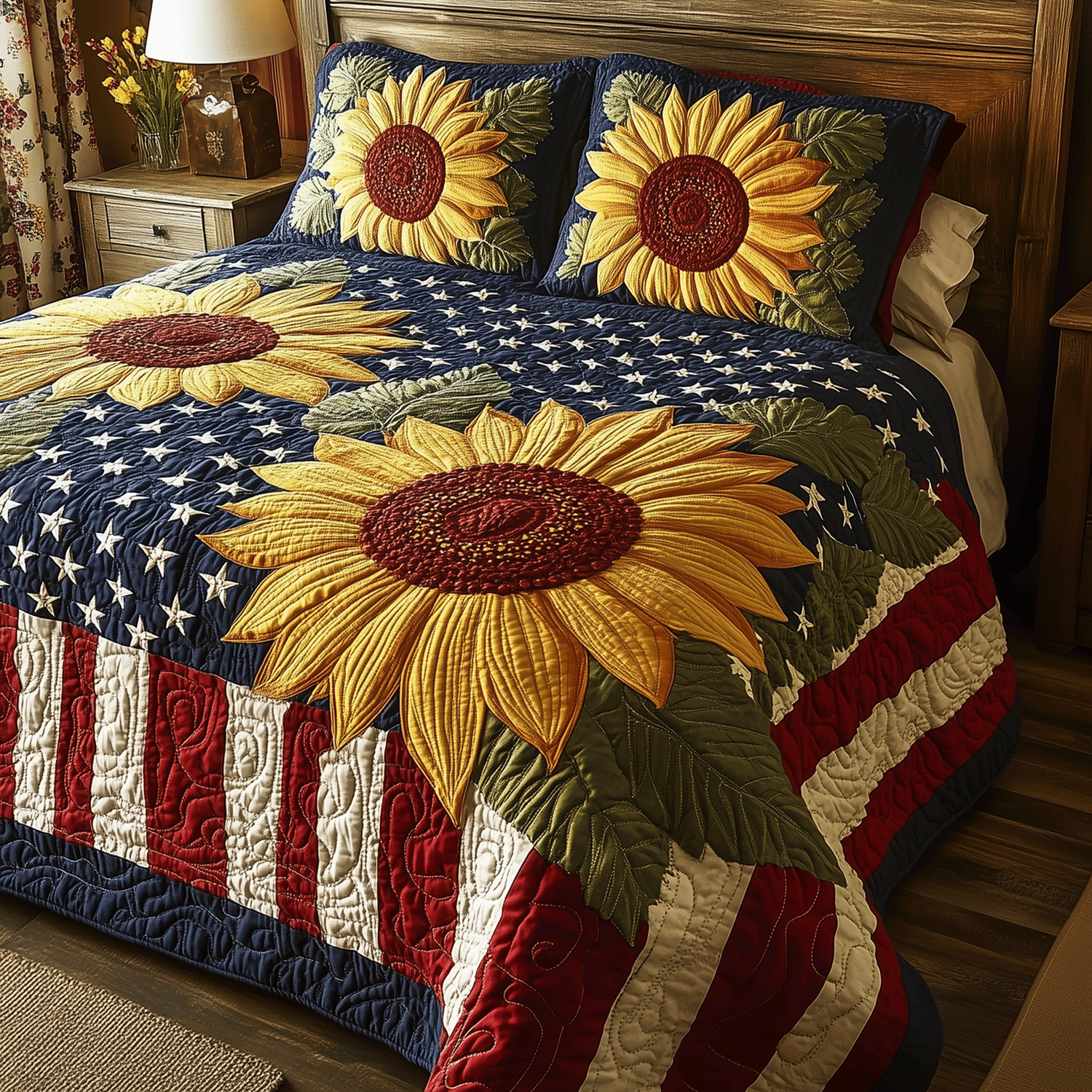 Patriotic Sunflower Quilted Bedding Set Queen Size Comforter Anniversary Gift for Couples