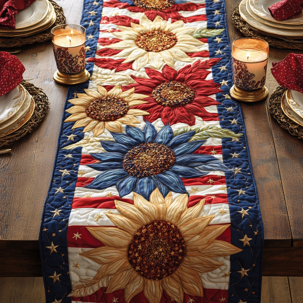 Patriotic Sunflower Quilted Table Runner Dining Table Decor Ideas Gifts For Sunflower Lovers