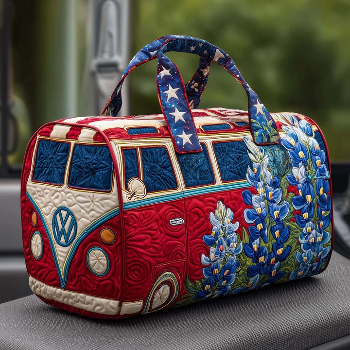 Patriotic Texas Bluebonnet VW Bus Quilted Duffle Bag American Travel Bag Best Gift For Texas Lovers