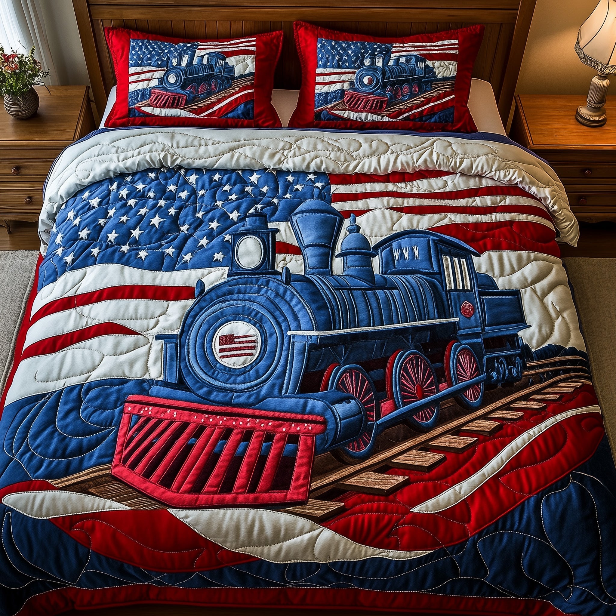 Patriotic Tracks Quilted Bedding Set Duvet Cover Merchandise Best Gifts For Train Lovers