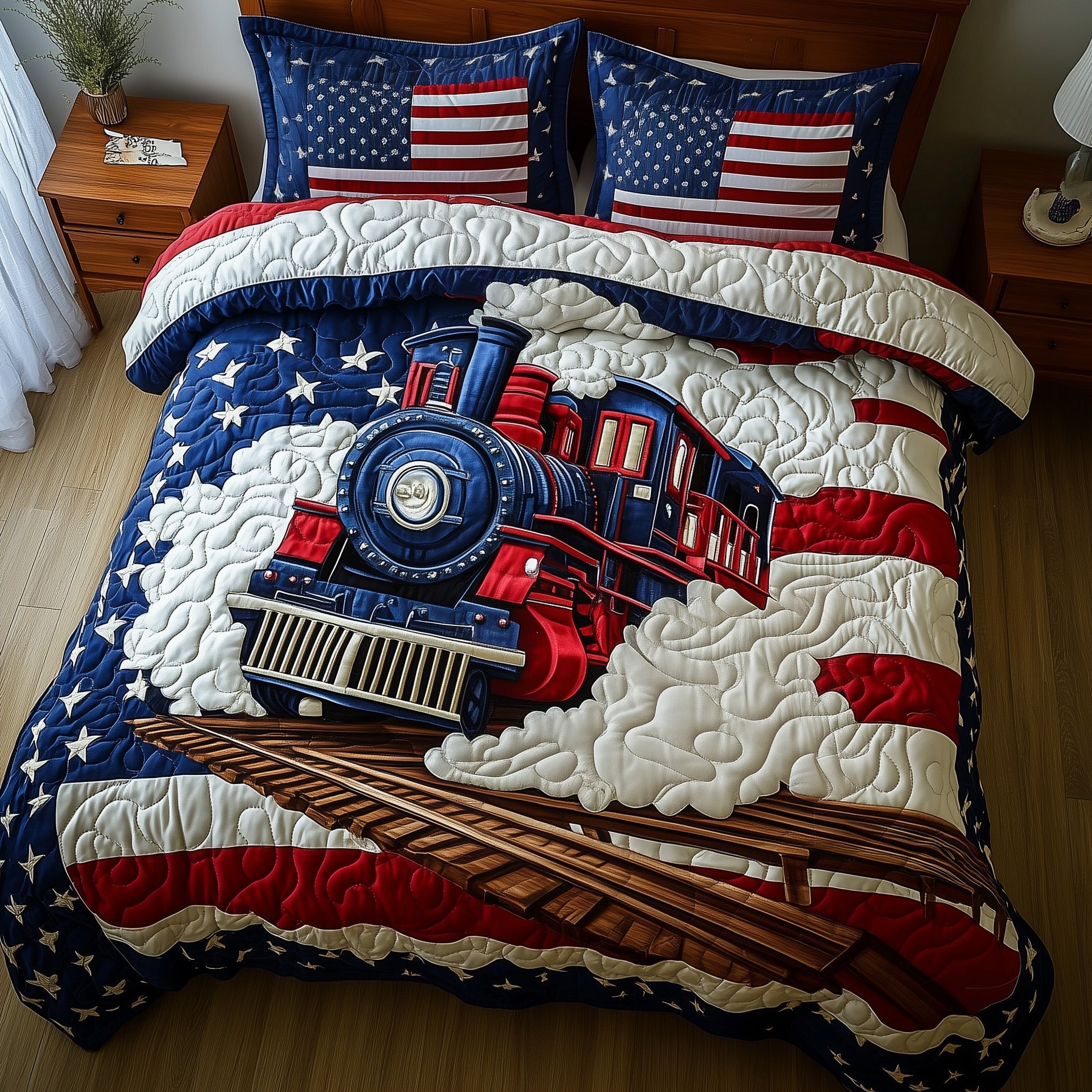 Patriotic Tracks Quilted Bedding Set Duvet Cover Merchandise Train Gifts For Men