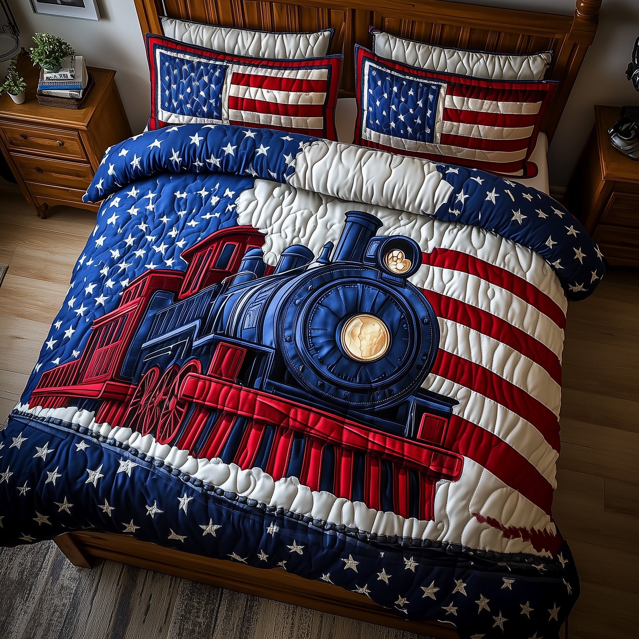Patriotic Tracks Quilted Bedding Set Duvet Cover Merchandise Unique Train Gifts