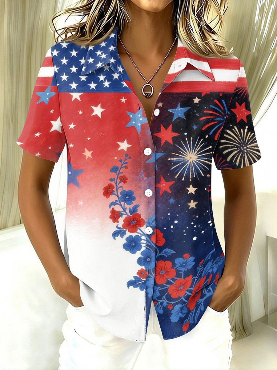 Patriotic USA Flag Button Shirt Floral Fireworks Clothing Gift For Independence Day