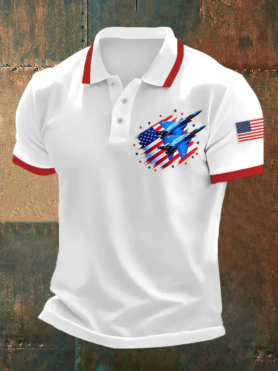 Patriotic USA Flag Fighter Jet Polo Shirt for Independence Day Gift for Proud Americans