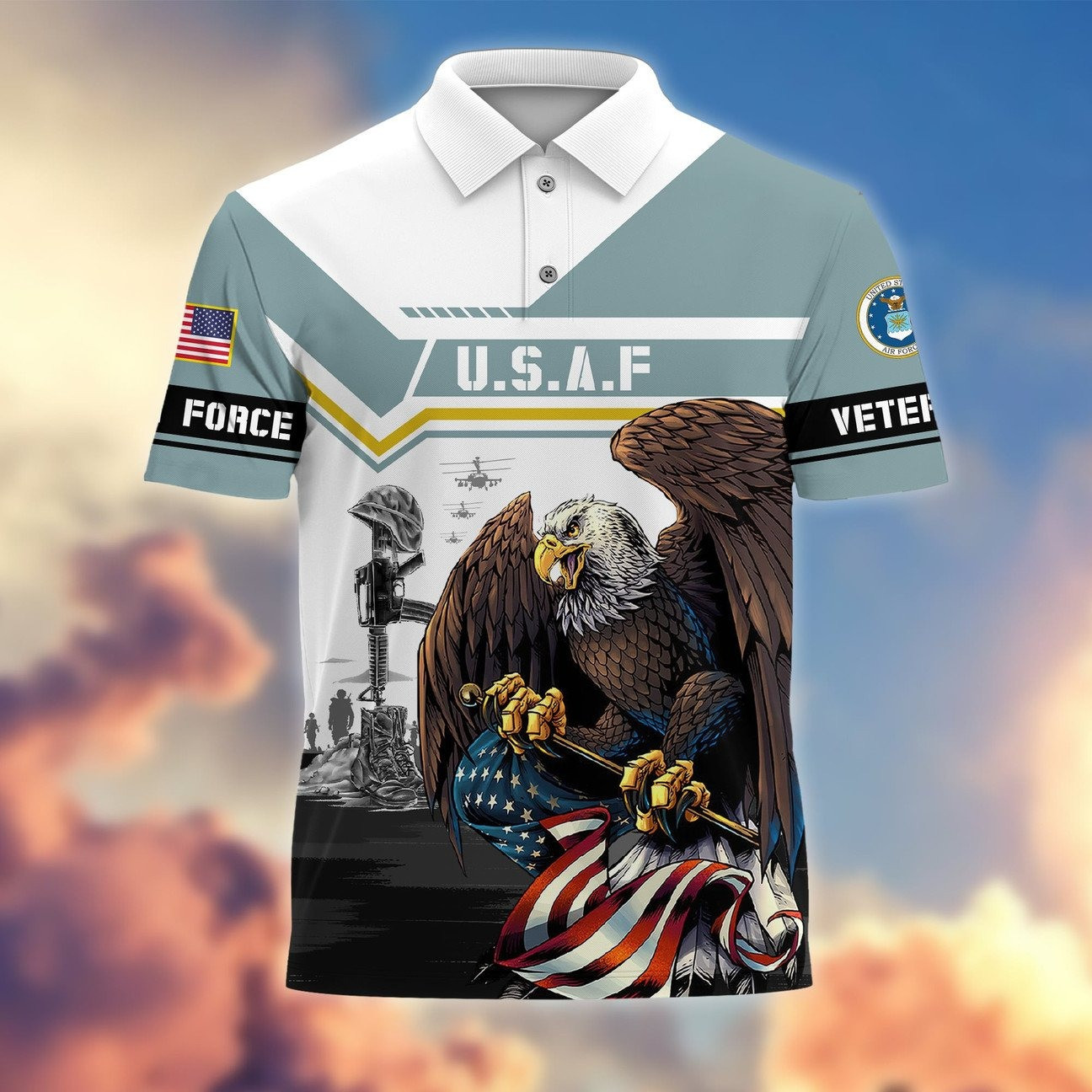 Patriotic USAF Air Force Eagle Polo Shirt Perfect Veteran Gift For Dad and Husband on Veterans Day