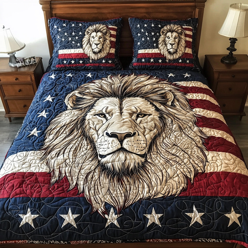 Patriotic White Lion Quilted Bedding Set Best Comforter Sets Presents For Lion Lovers