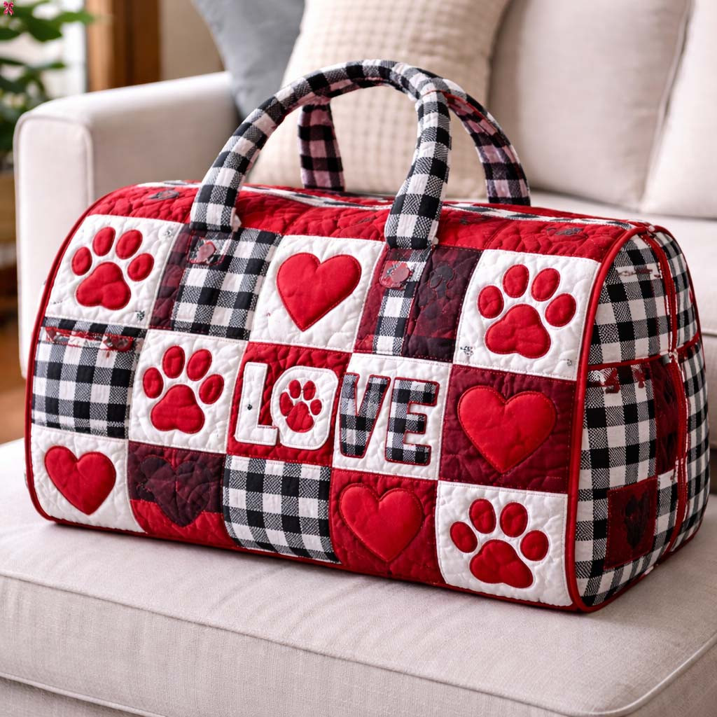 Paw Love Heart Quilted Duffle Bag Buffalo Plaid Dog Mom Travel Bag Cute Gift For Dog Lovers