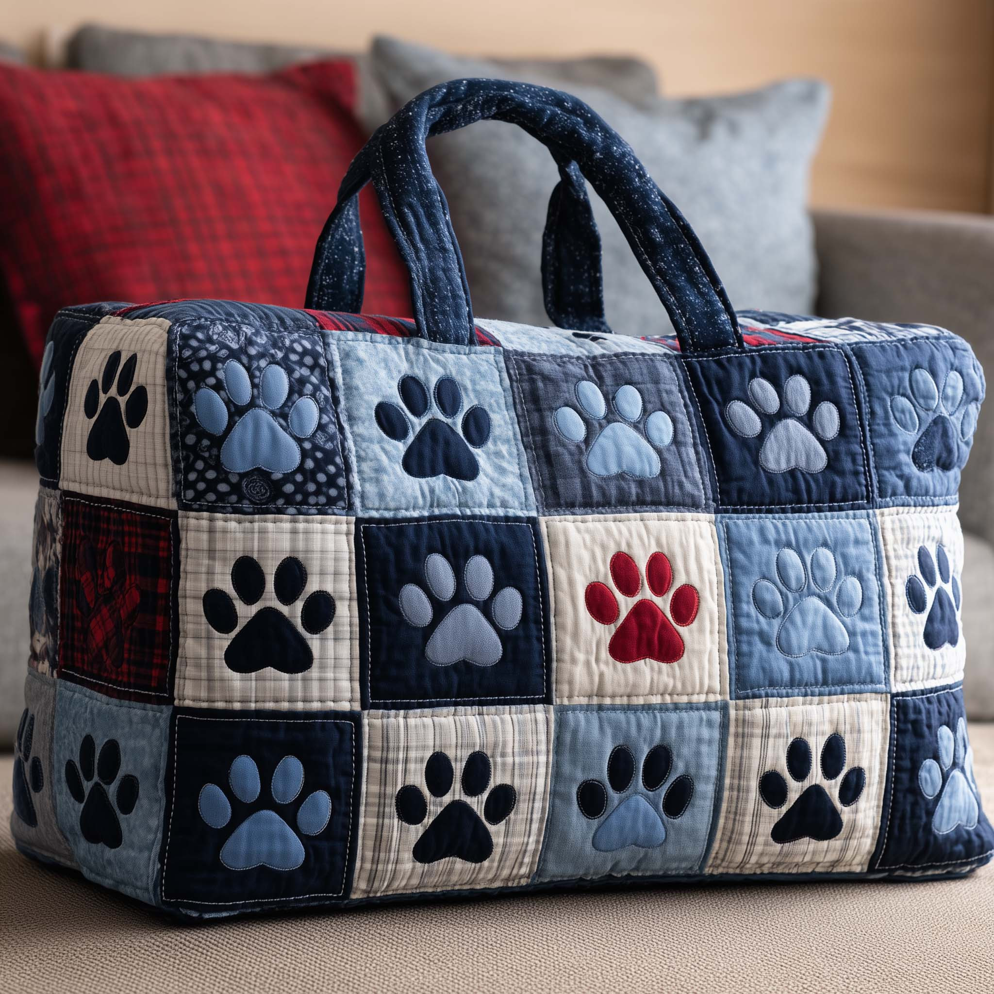 Paw Love Quilted Duffle Bag Blue Navy Patchwork Paw Print Travel Bag Best Gift For Dog Lovers