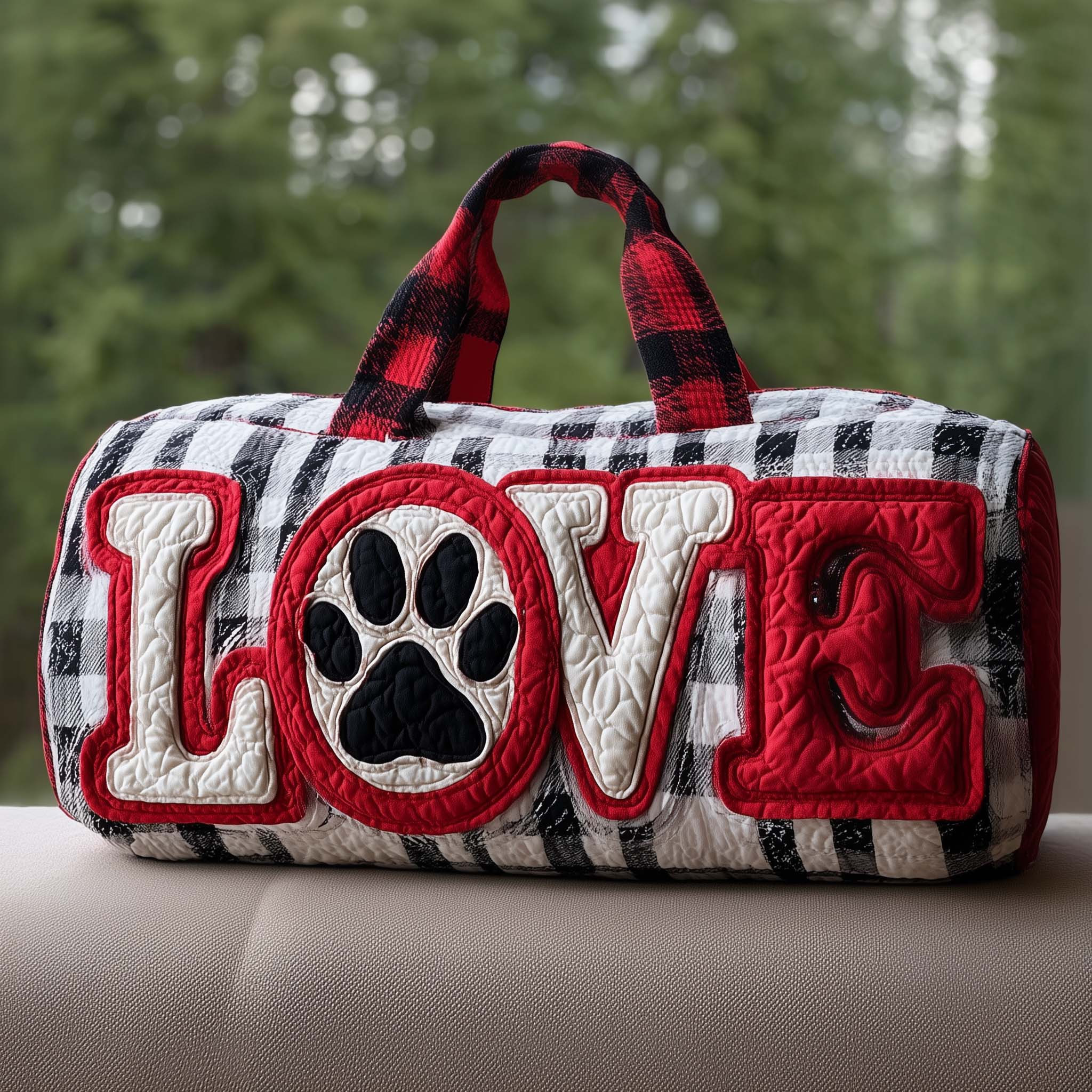 Paw Love Quilted Duffle Bag Buffalo Plaid Dog Lover Bag Cute Travel Bag Best Gift For Dog Lovers