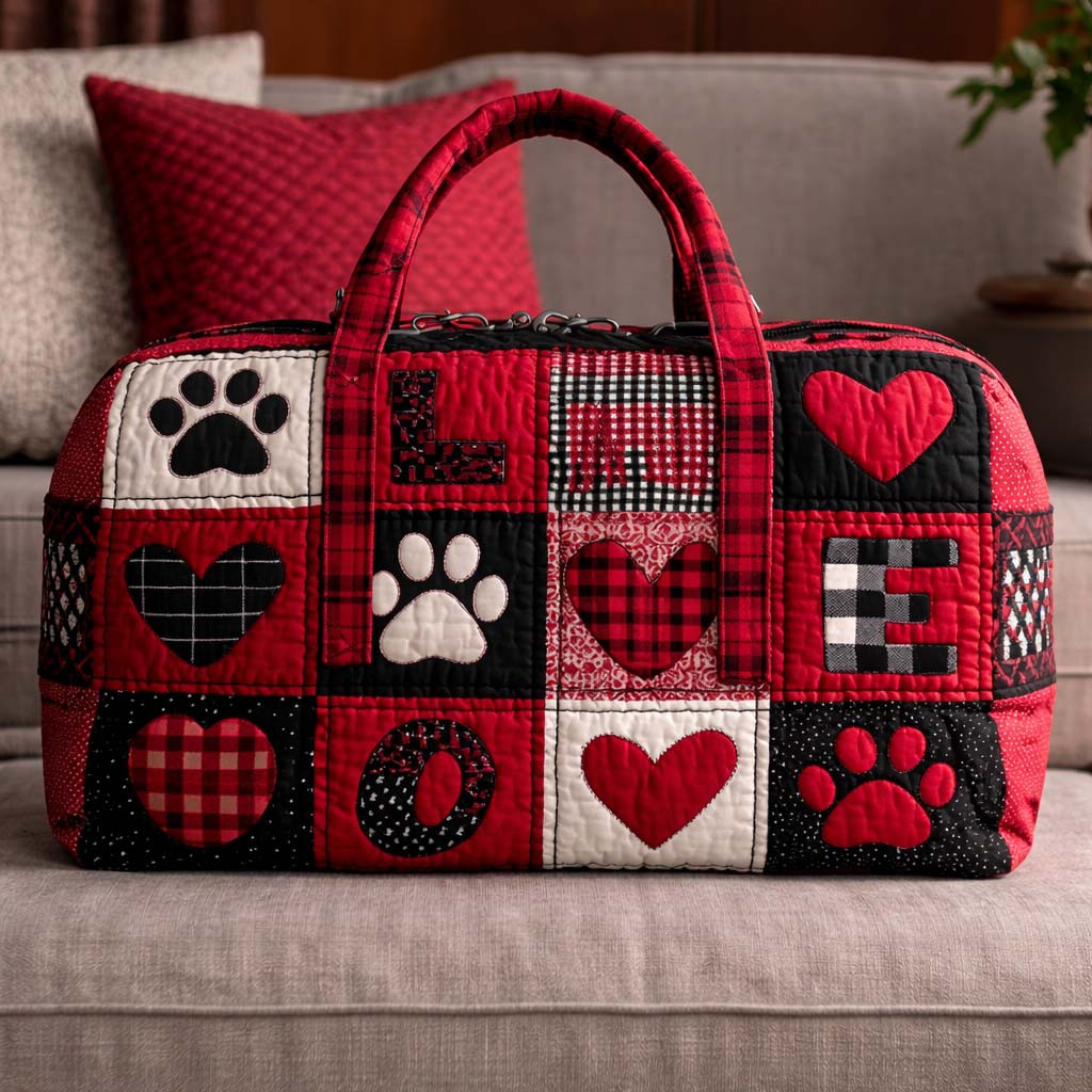 Paw Love Quilted Duffle Bag Red Black Patchwork Heart Paw Travel Bag Best Gift For Dog Lovers
