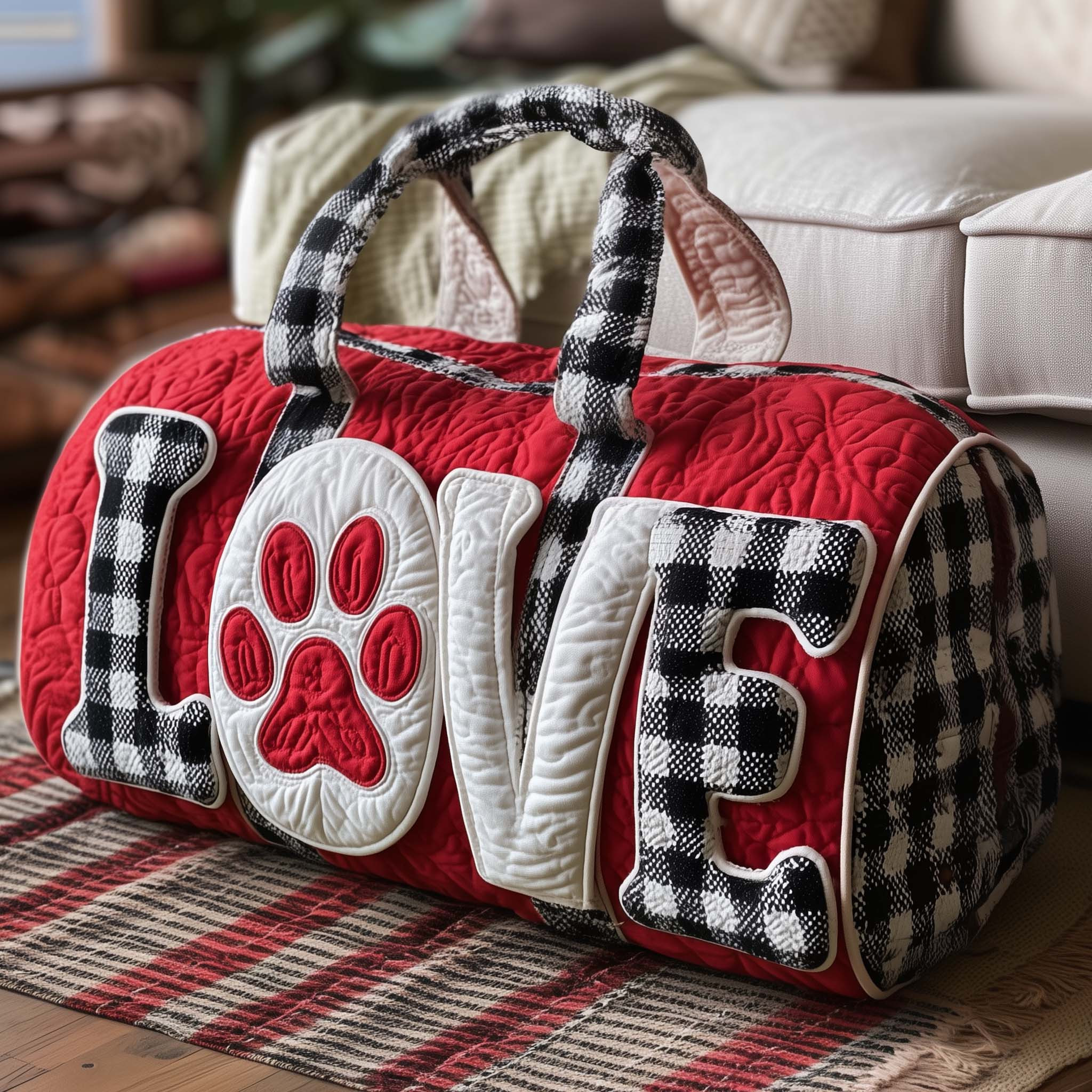 Paw Love Quilted Duffle Bag Red Buffalo Plaid LOVE Letters Travel Bag Best Gift For Dog Lovers