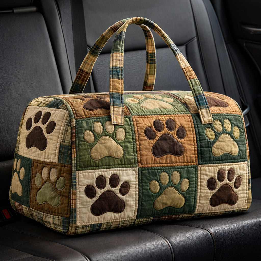 Paw Print Patchwork Quilted Duffle Bag Forest Green Plaid Dog Lover Best Gift Ideas