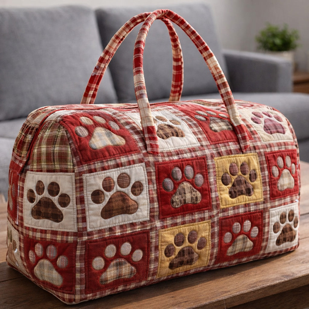 Paw Print Quilted Duffle Bag Red Plaid Dog Lover Camping Travel Bag Best Gift Ideas