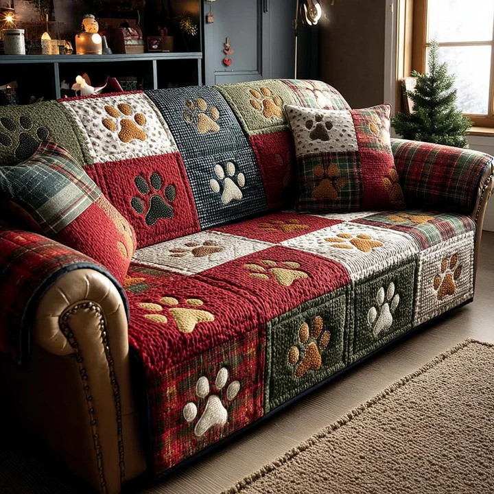 Pawliday Fun Quilted Sofa Cover Christmas Dog Lover Furniture Protector Best Holiday Pet Lover Gift