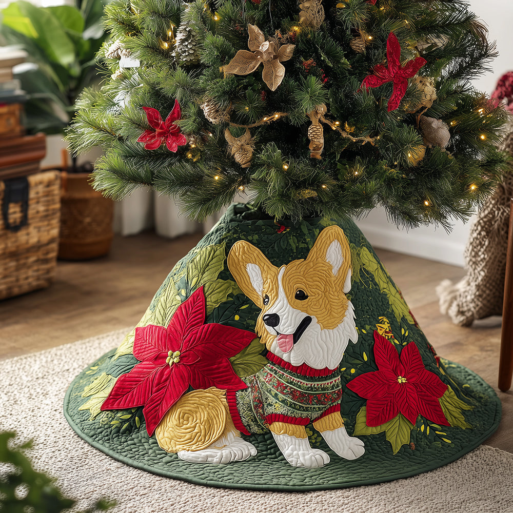 Paws & Poinsettias Christmas Quilted Tree Skirt Holiday Decorations Gifts With Corgis On Them