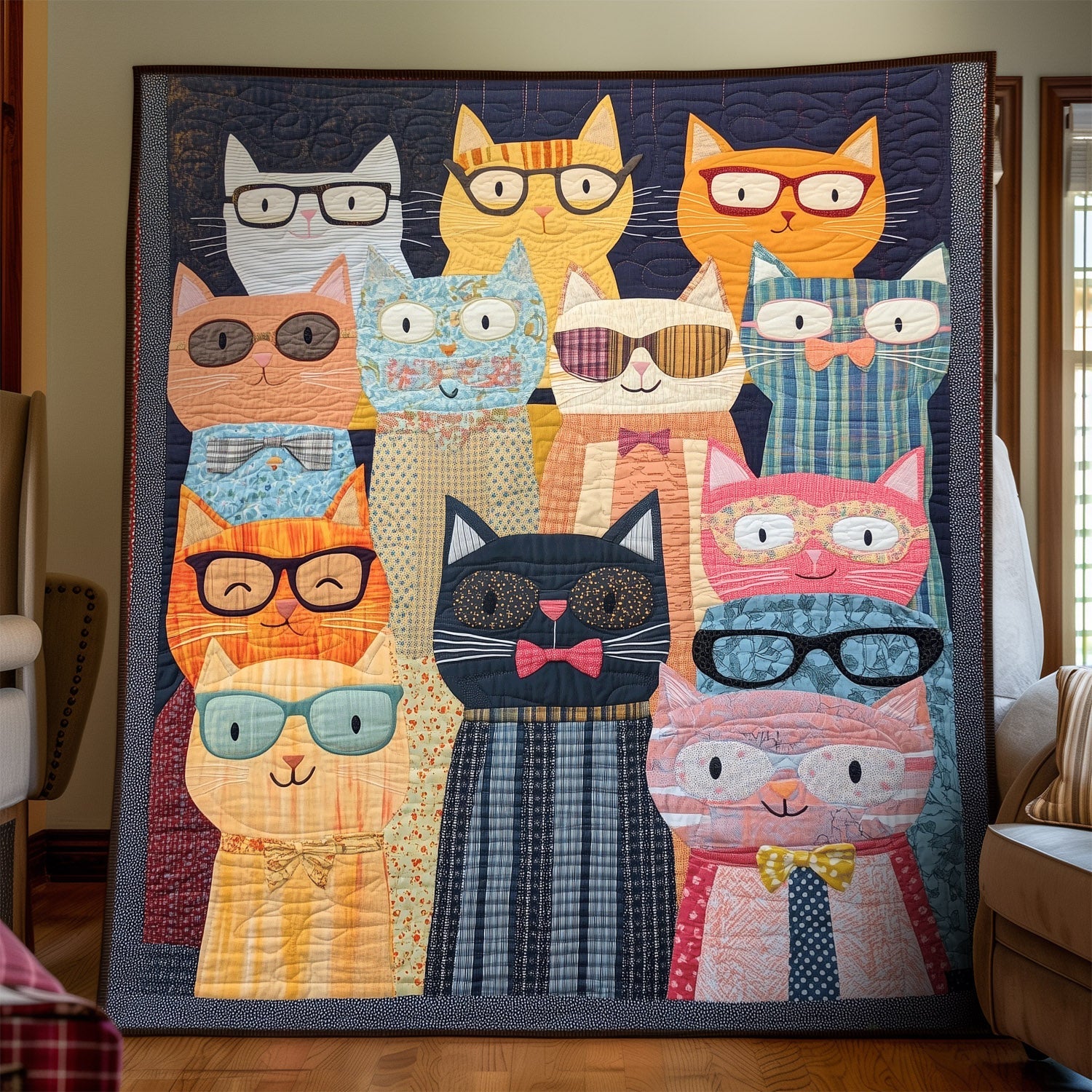 Paws and Glasses Quilted Blanket Novelty Gifts For Cat Lovers