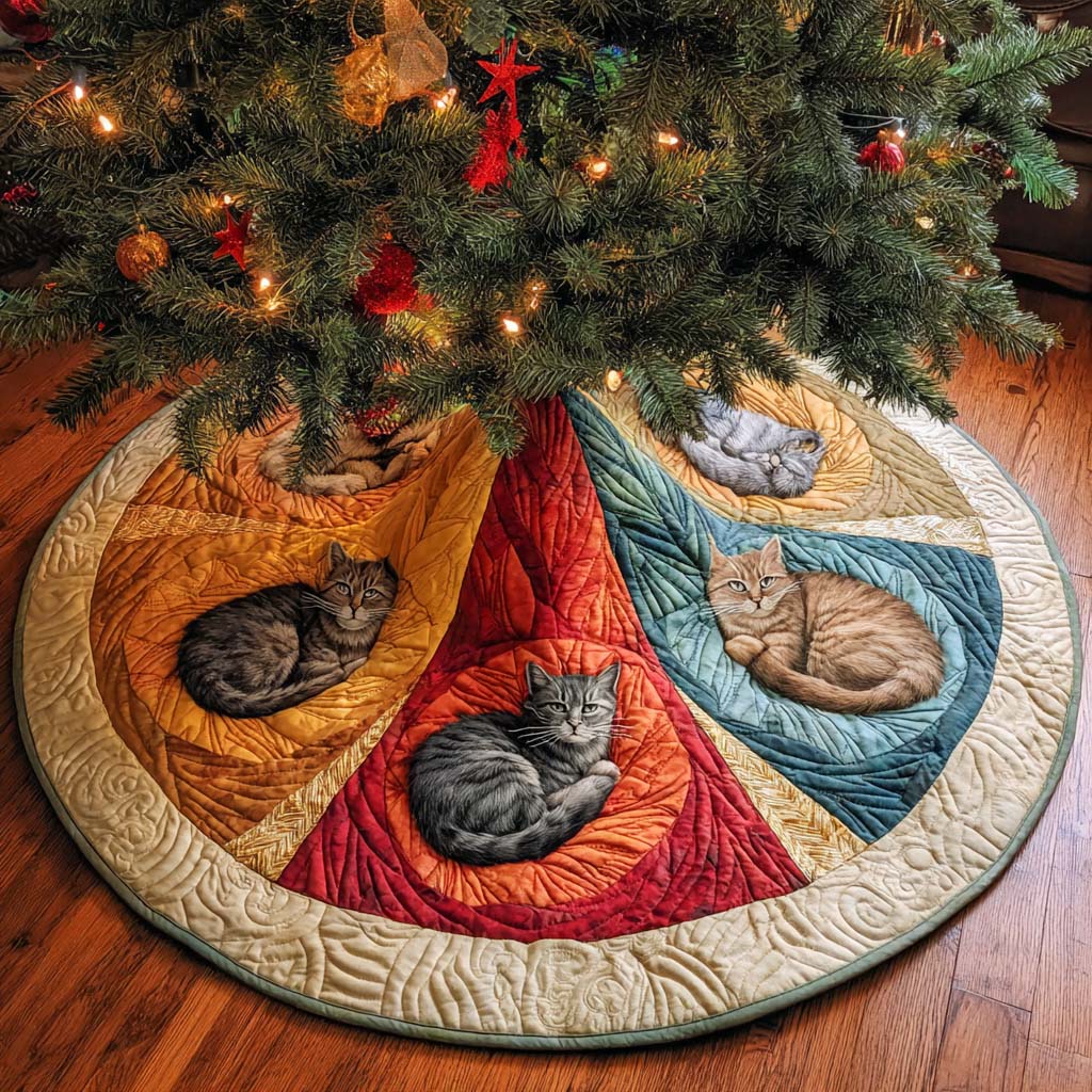 Paws And Patches Quilted Tree Skirt Xmas Home Decor Black Cat Presents