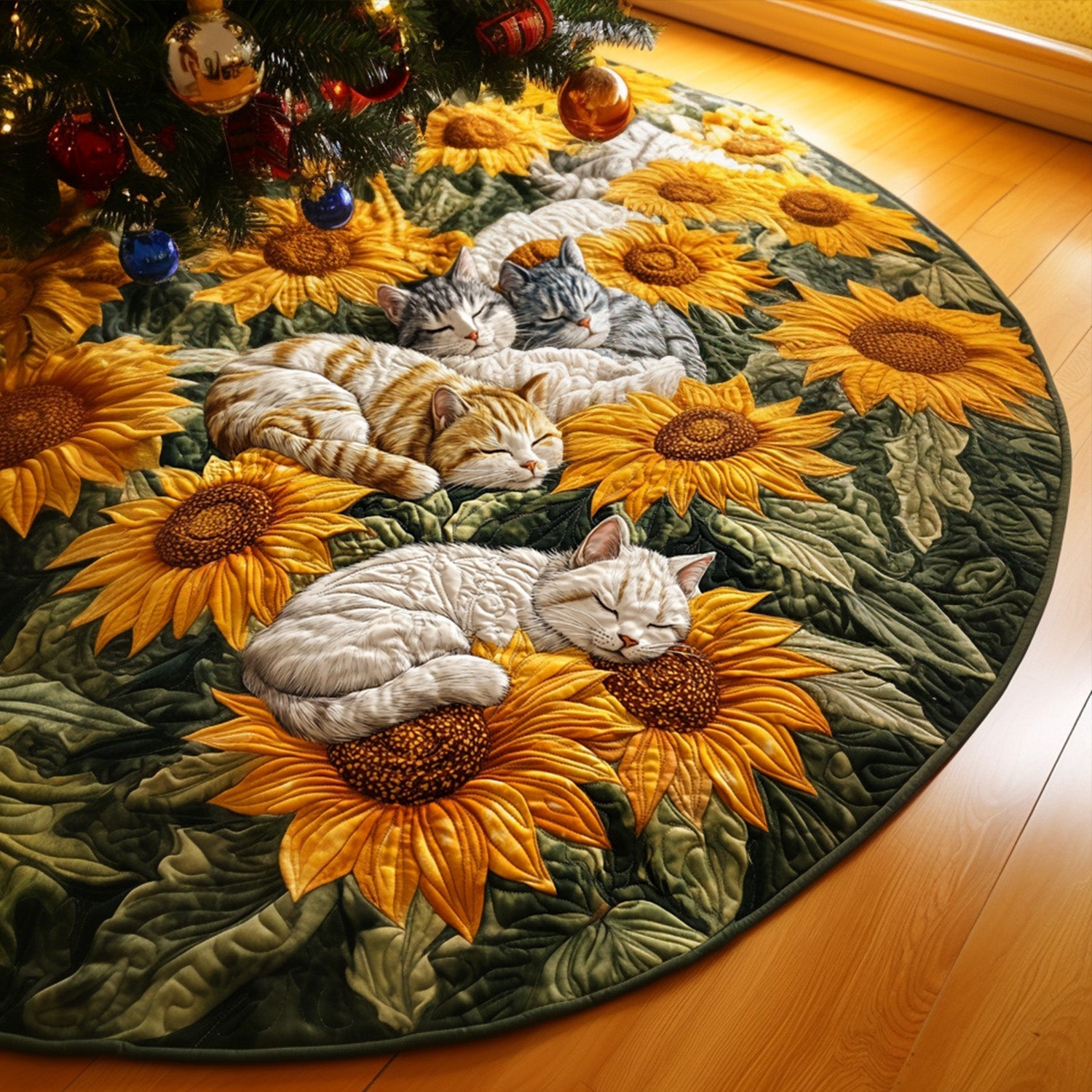 Paws And Petals Quilted Christmas Tree Skirt Under-Tree Christmas Decor