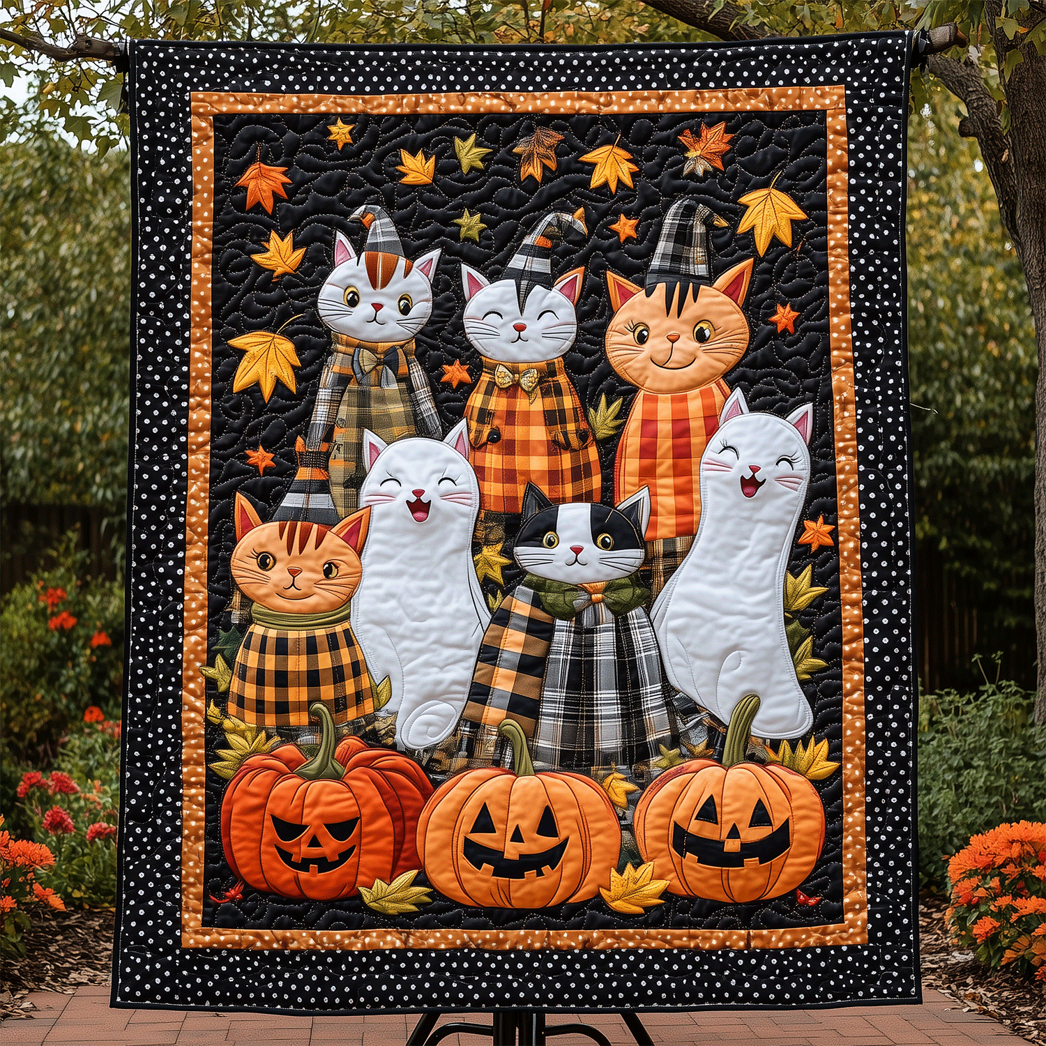 Paws and Pumpkins Quilted Blanket Novelty Gifts For Cat Lovers