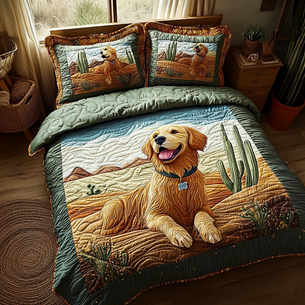 Paws of Gold Quilted Bedding Set Cute Room Decor Gifts For Golden Retriever Owners