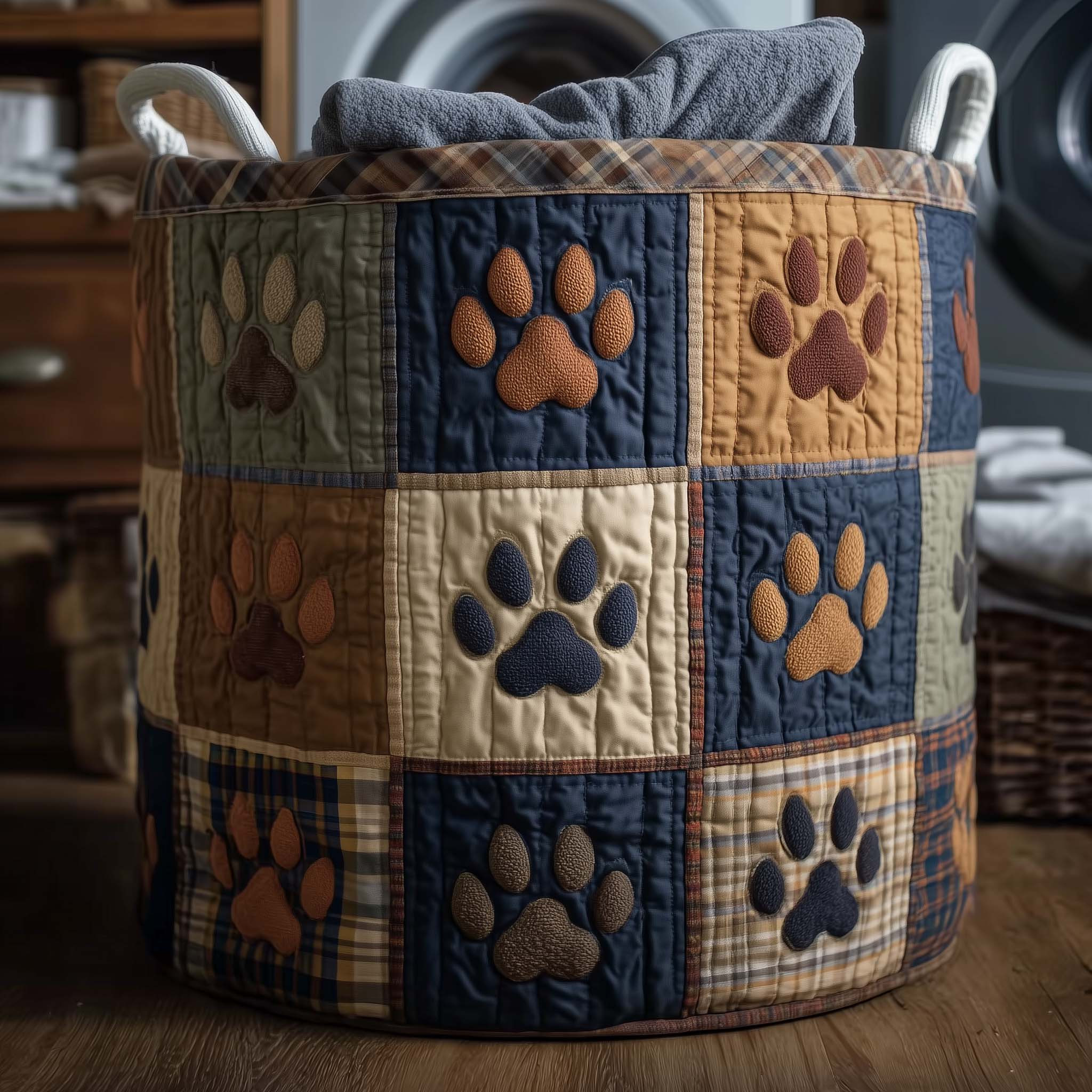 Paws Patchwork Quilted Laundry Basket Housewarming Home Decor Gifts For Pet Owners
